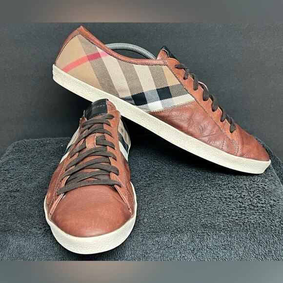 Men’s Burberry Brown Leather & Nova Check Canvas Low Top Shoes Size 12 AUTHENTIC - Picture 2 of 9